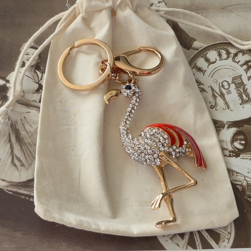Elegant Gold And Red Encrusted With Rhinstones Flamingo Keychain Purse Charm